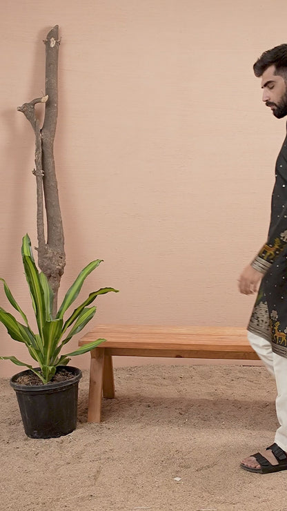 BLACK DEER PATTERN JACQUARD DESIGNER KURTA