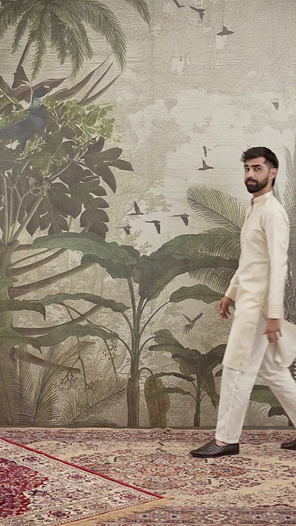 BEIGE MONOGRAM FLOWER NECK JACQUARD DESIGNER KURTA