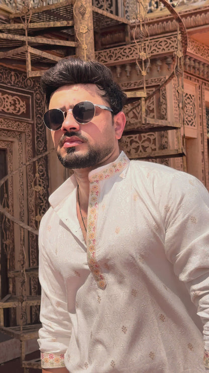 WHITE ELEPHANT PATTERN EXCLUSIVE JACQUARD KURTA