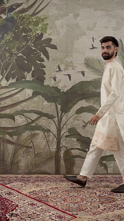 BEIGE FLORAL AND GEOMETRIC PATTERN JACQUARD DESIGNER KURTA