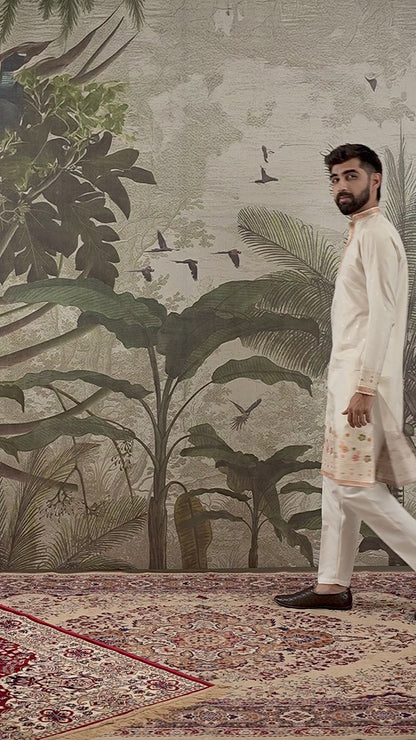 BEIGE PILLAR WITH FLOWERS PATTERN JACQUARD DESIGNER KURTA
