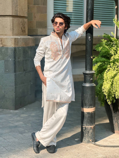 IVORY FLORAL HERITAGE JACQUARD DESIGNER KURTA