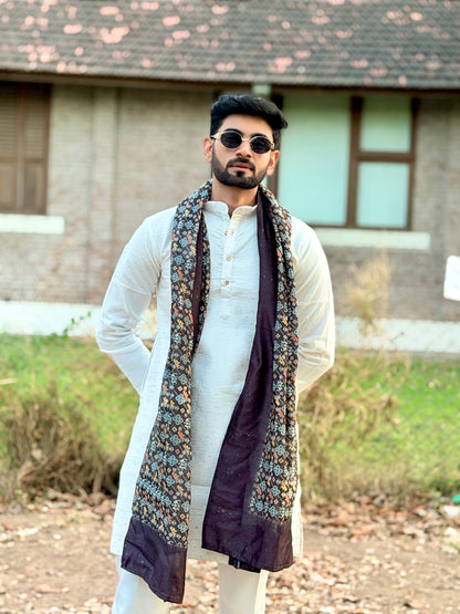 WHITE LAKHNAVI PATTERN JACQUARD DESIGNER SHORT KURTA WITH BLACK BANDHANI DUPPTA