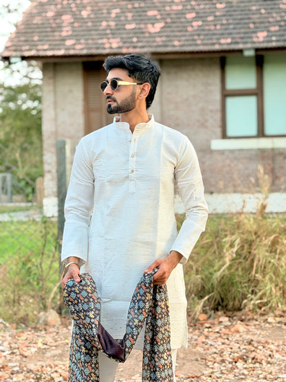 WHITE LAKHNAVI PATTERN JACQUARD DESIGNER SHORT KURTA WITH BLACK BANDHANI DUPPTA